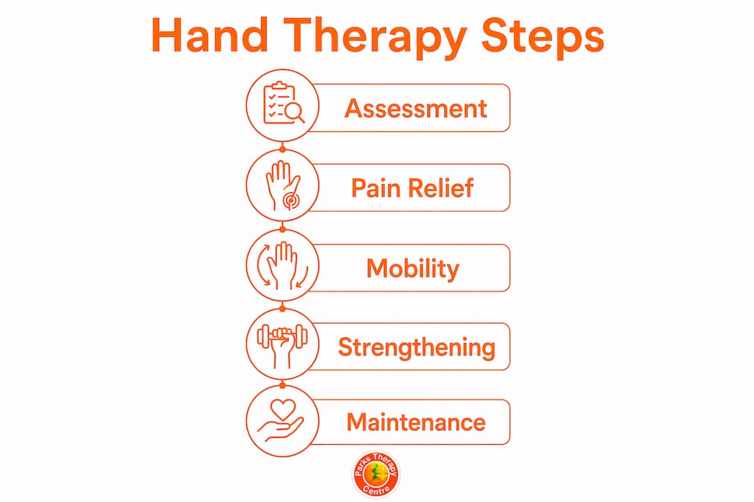 Infographic showing hand therapy step-by-step stages