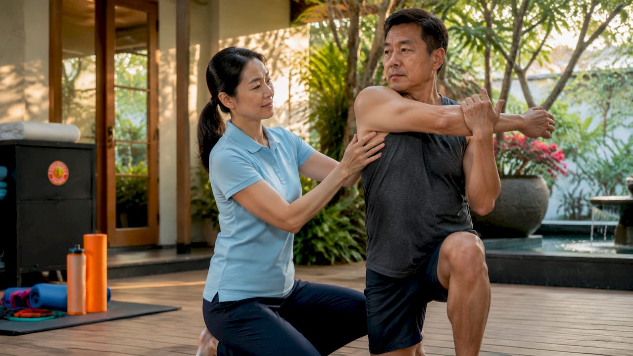 Physiotherapist guiding patient exercise in clinic