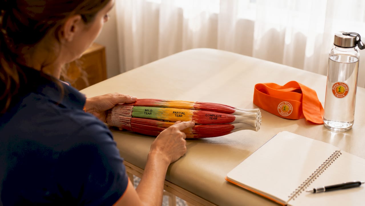 Therapist's hands explaining muscle tear grades