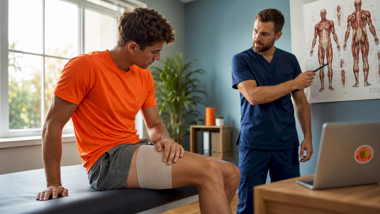 Athlete consulting physiotherapist about muscle injury recovery