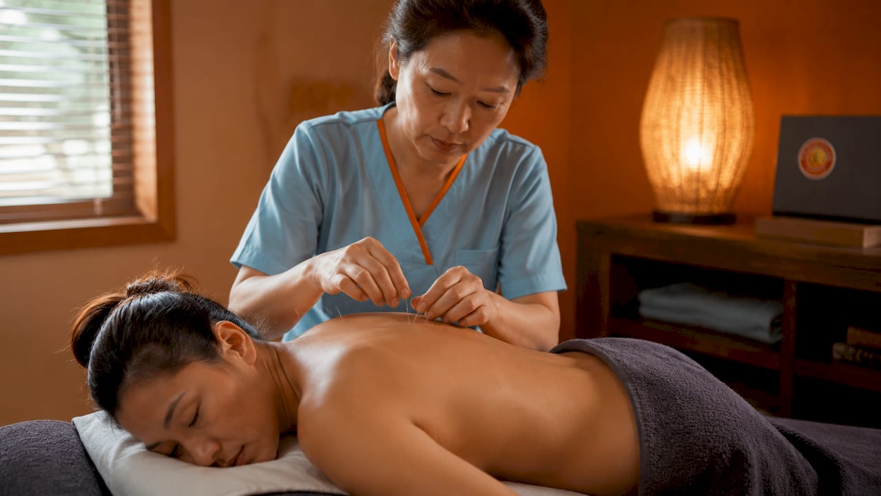Acupuncturist treating woman’s neck pain