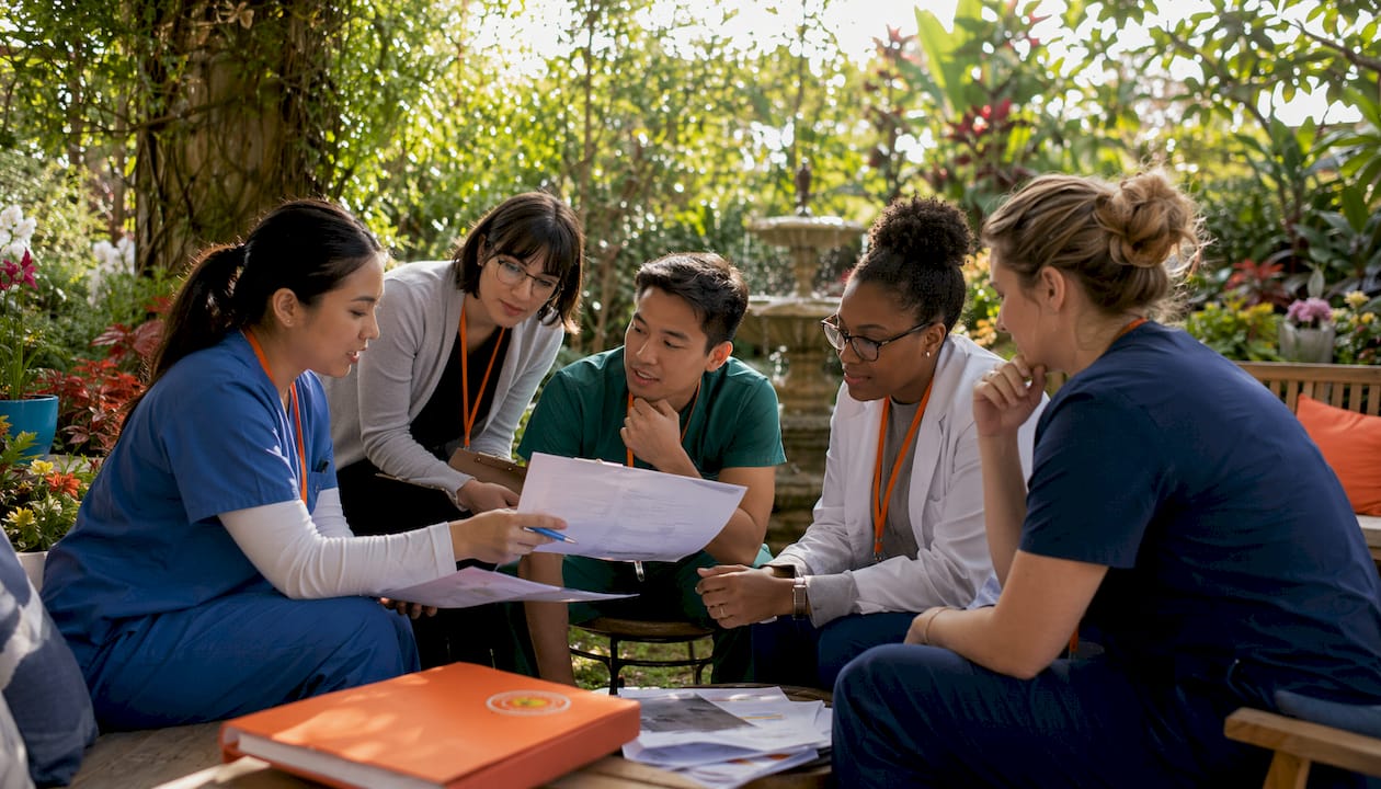 Healthcare team collaborating around table