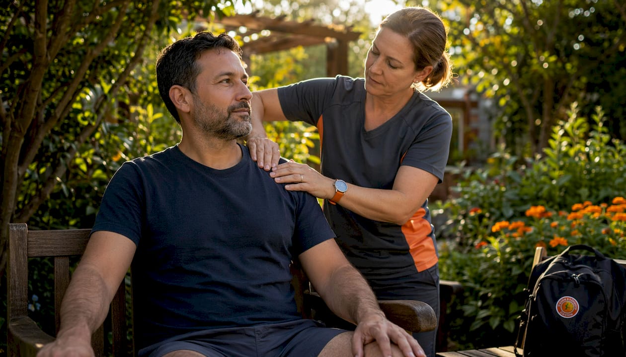 Physiotherapist administering shoulder manual therapy