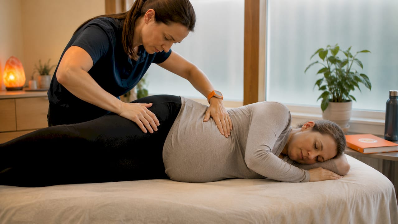 Therapist hands supporting pregnant pelvis
