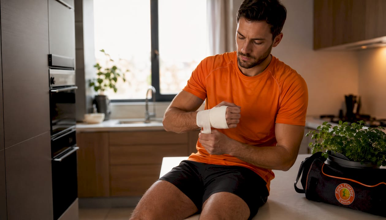 Athlete applying wrist bandage injury care