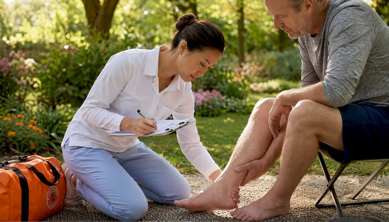 Physiotherapist assessing ankle soft tissue injury