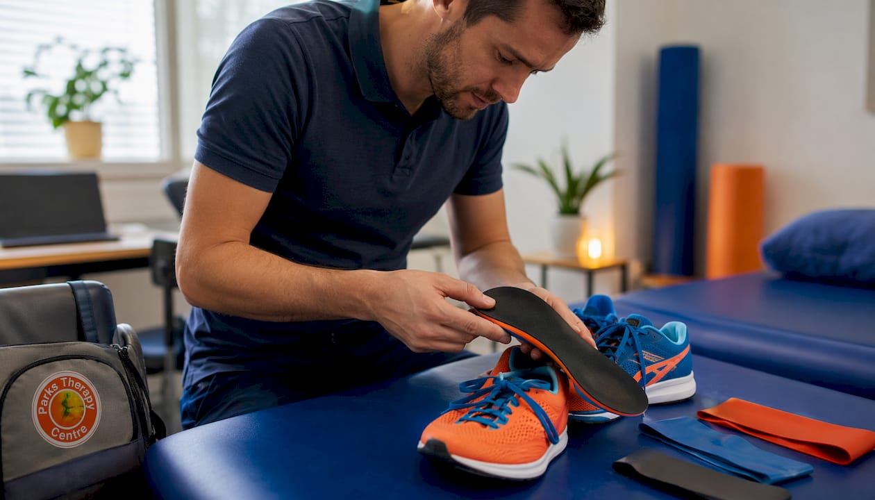 Physiotherapist adjusting foot orthotic device