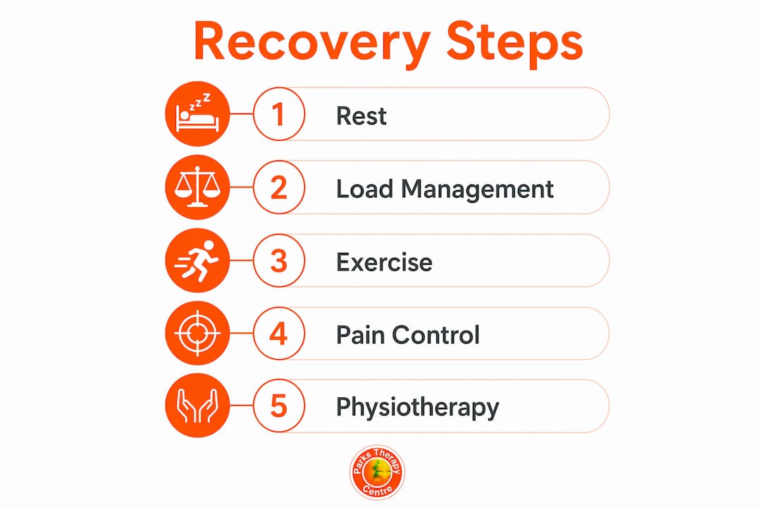 Infographic showing tibialis posterior tendinopathy recovery steps