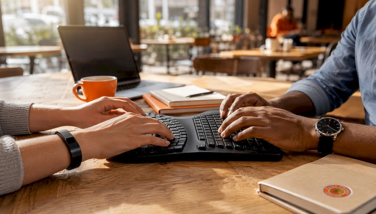 Close-up hands typing on ergonomic keyboard