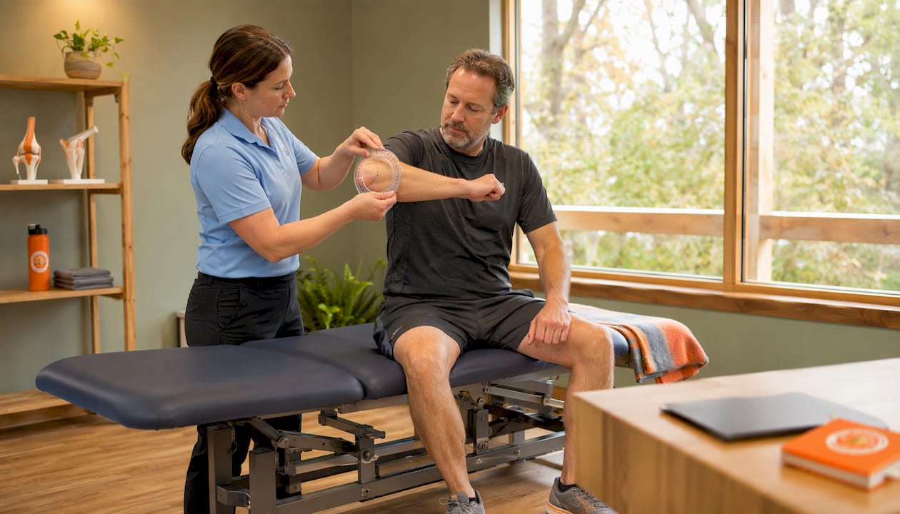 Physiotherapist assessing patient’s arm mobility