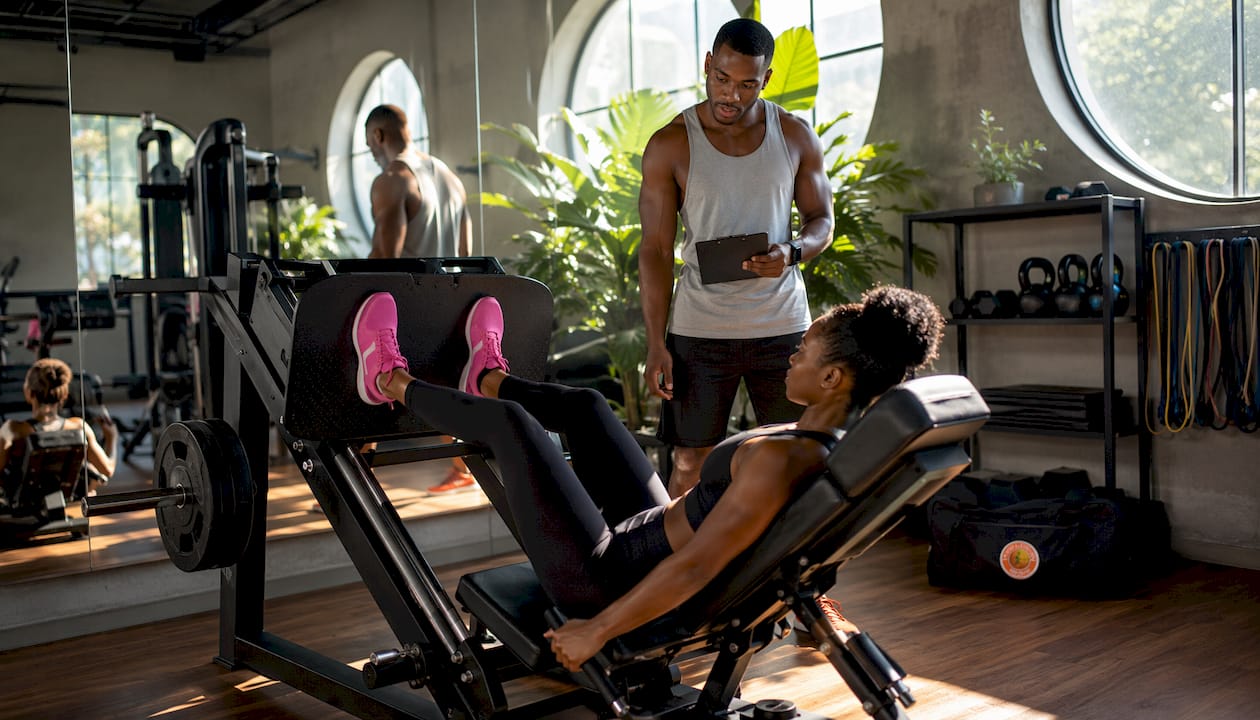 Woman doing leg press in physio gym