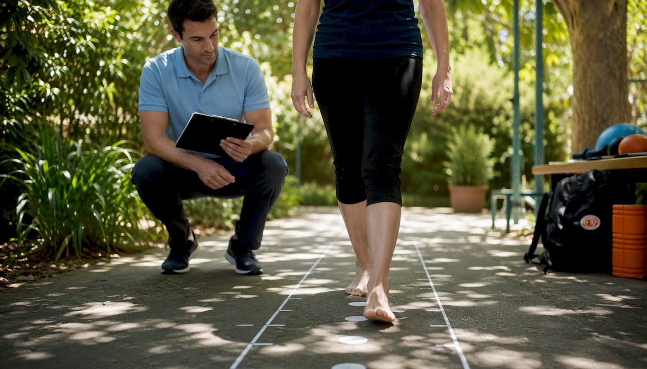 Podiatrist performing gait analysis with patient