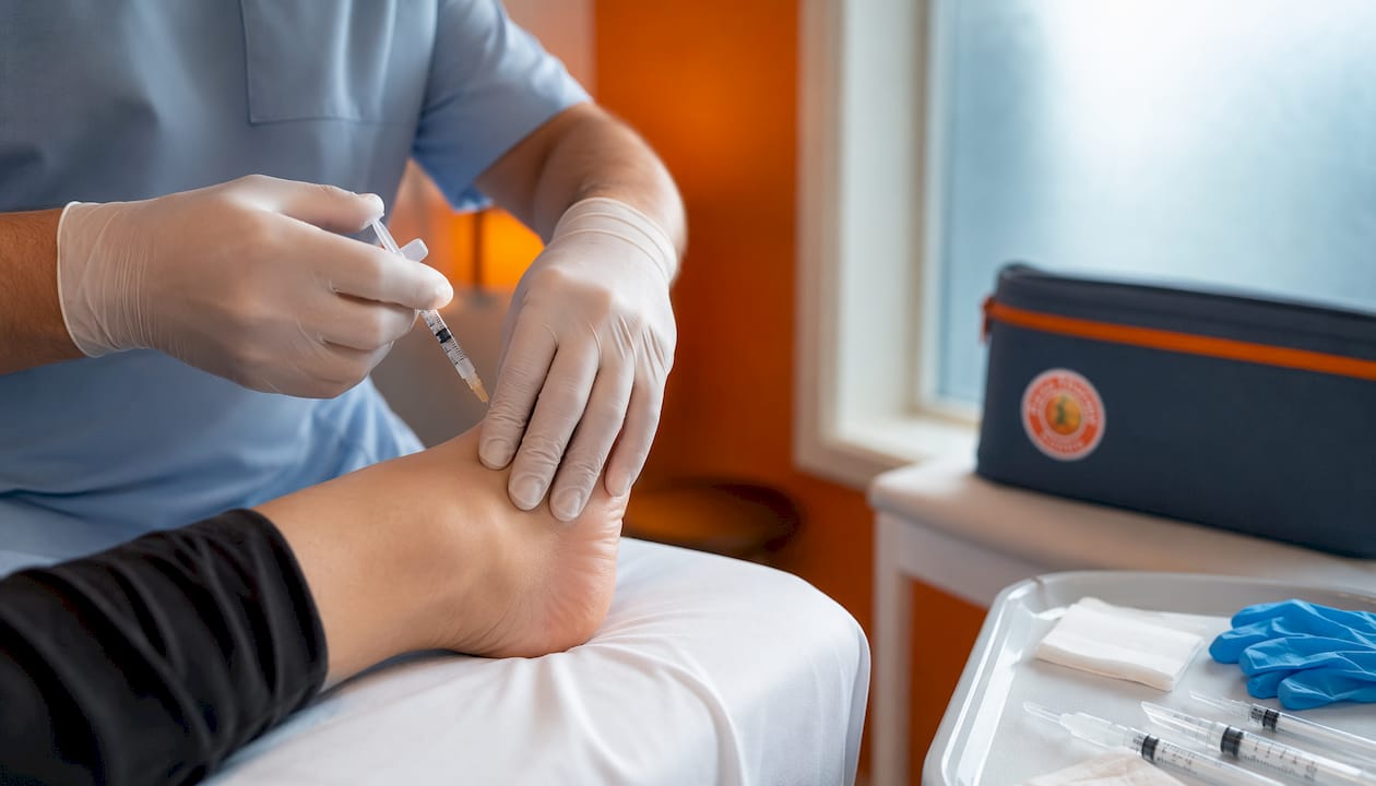 Close-up of foot injection treatment in clinic