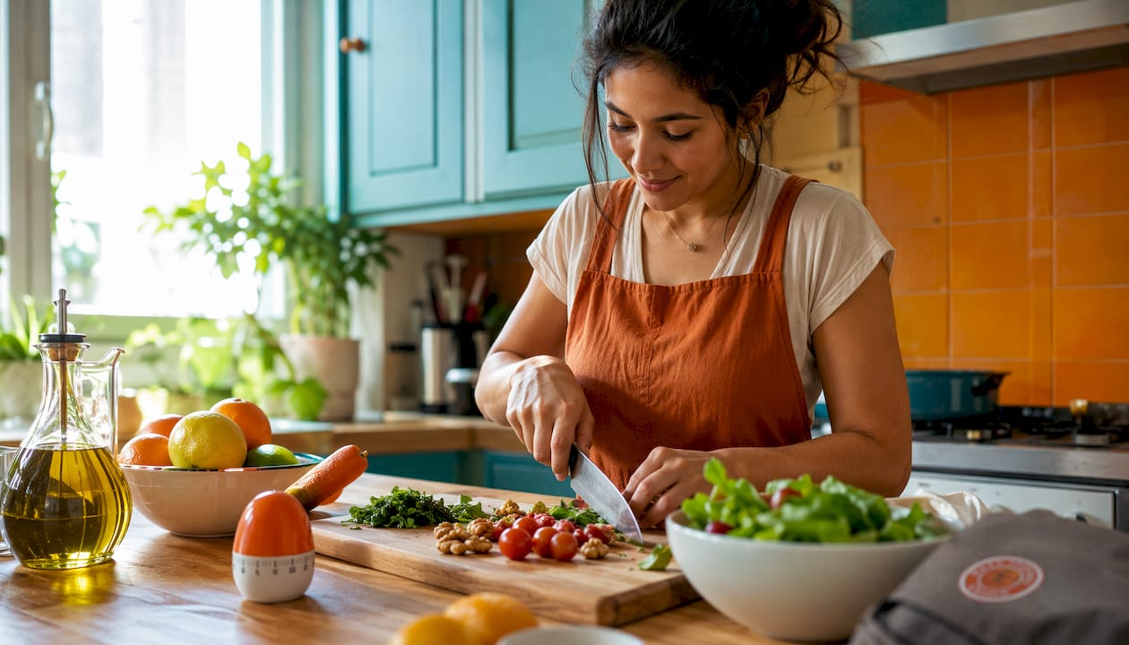 Woman preparing healthy salad for recovery