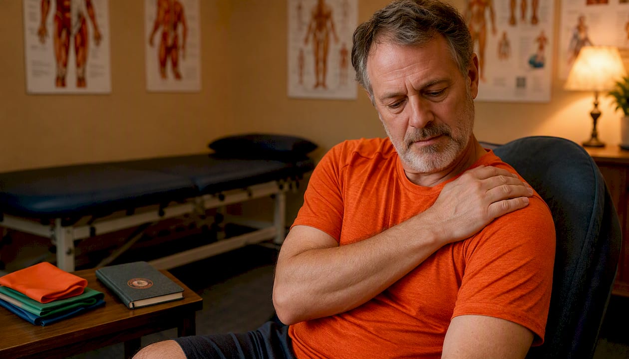 Man massaging shoulder in physiotherapy clinic
