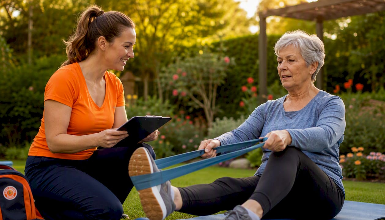 Physiotherapist guiding patient with exercises