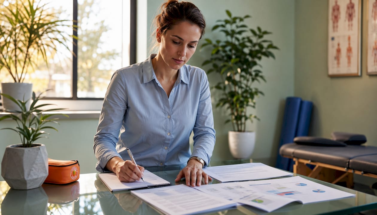Physiotherapist reviewing cold therapy research papers