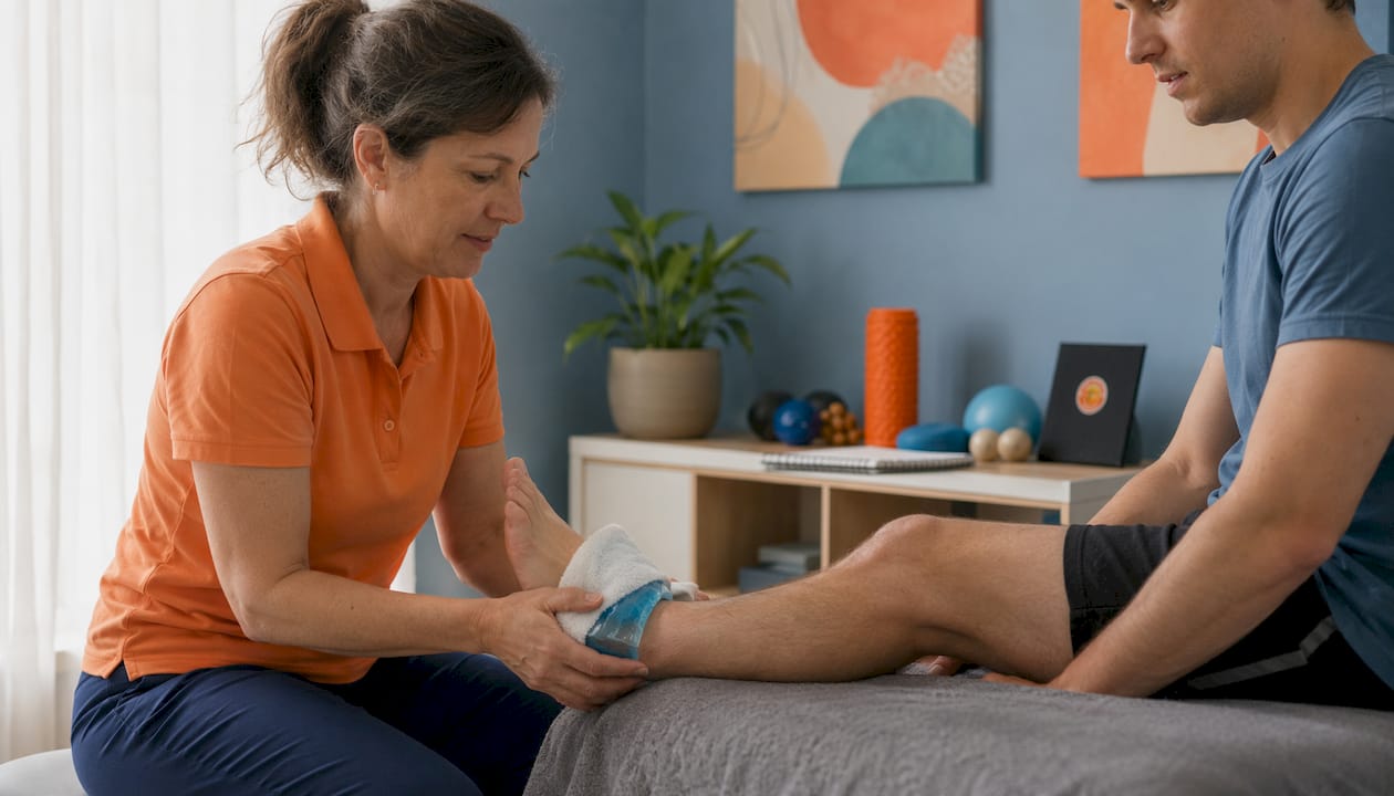 Physiotherapist applying ice pack on ankle injury