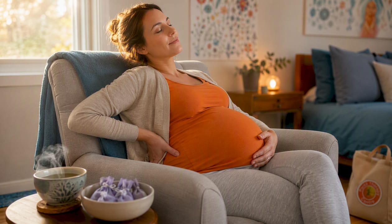 Pregnant woman massaging lower back at home