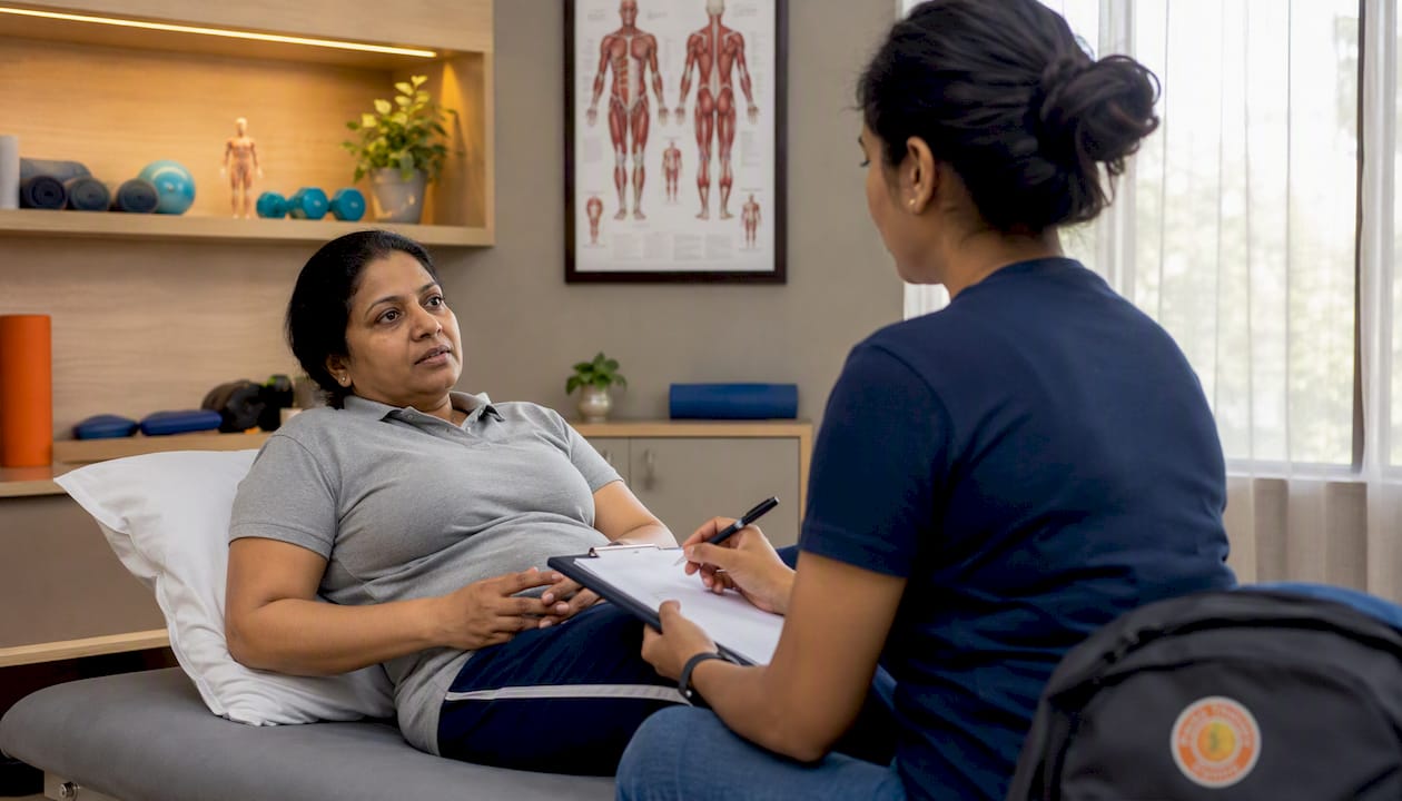 Patient consulting with UK physiotherapist in clinic