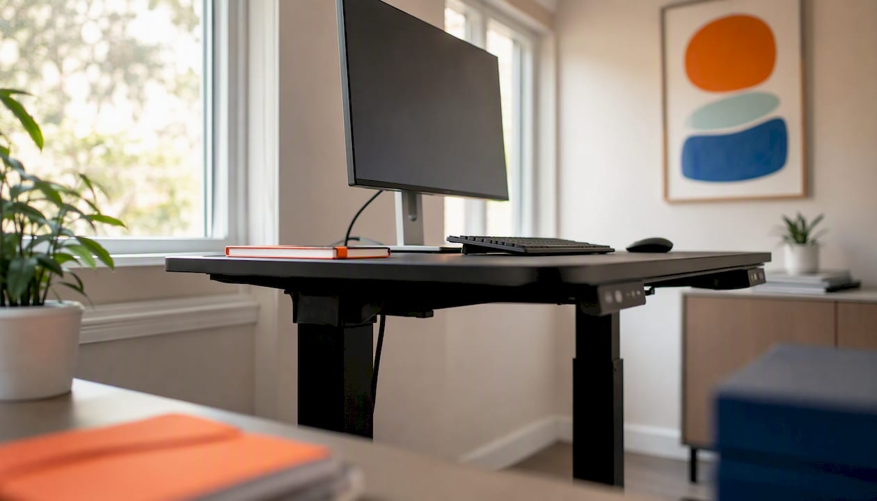 Ergonomically arranged office desk setup