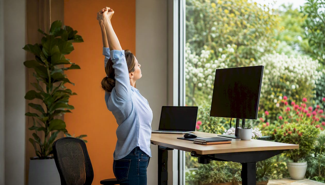 Person stretching at a sit-stand desk