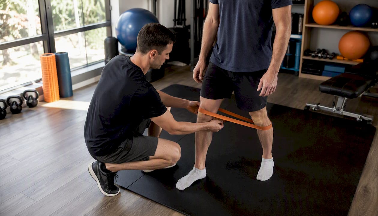Specialist physiotherapist guiding knee exercise
