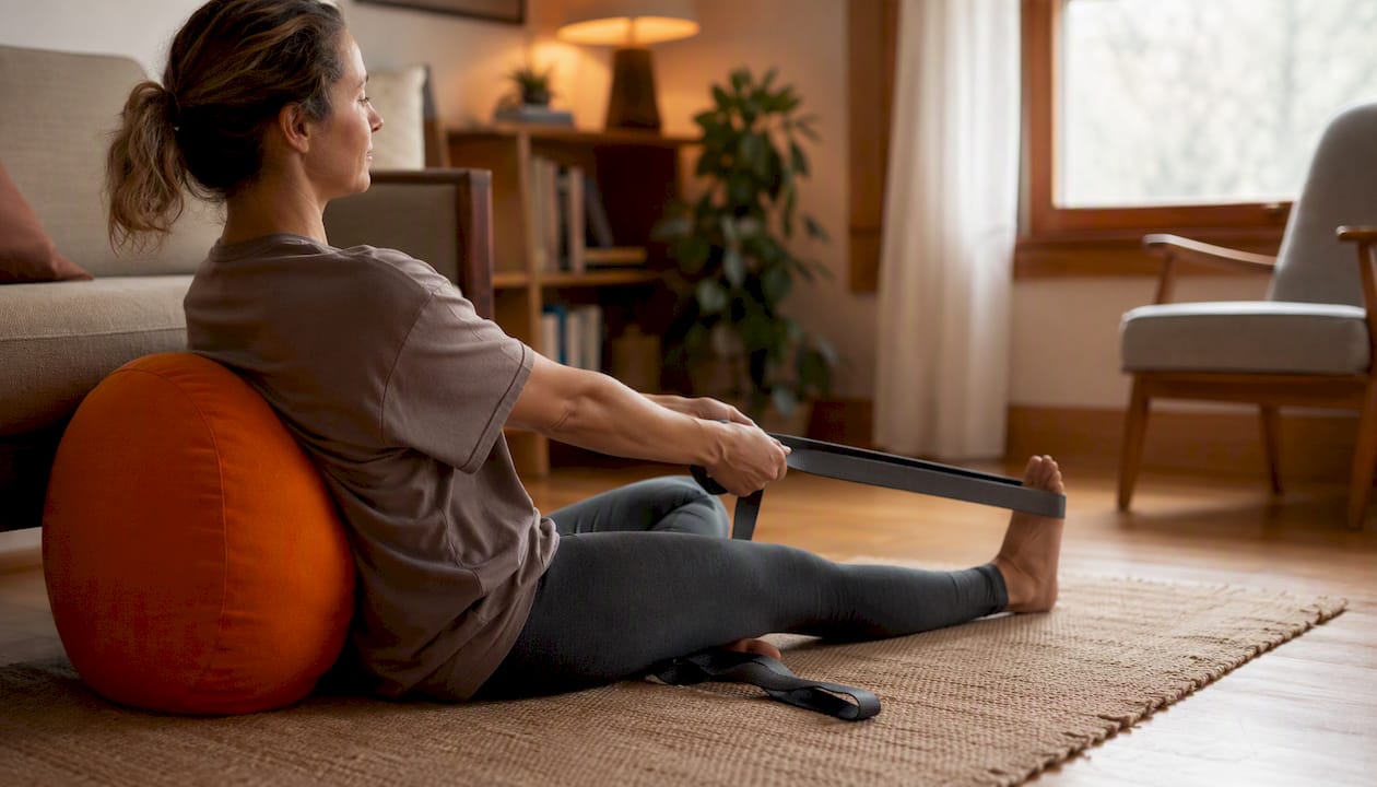 Person stretching hamstring with strap lying down