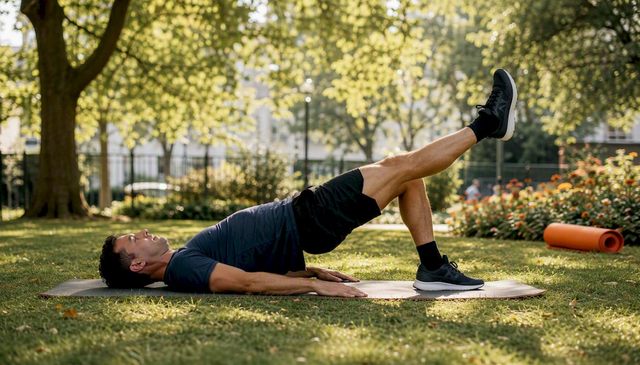 Runner performing Pilates glute bridge exercise