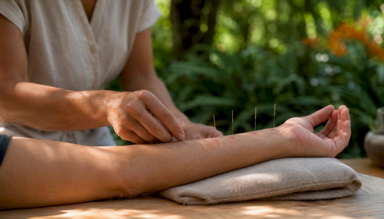 Acupuncture needles inserted in patient forearm