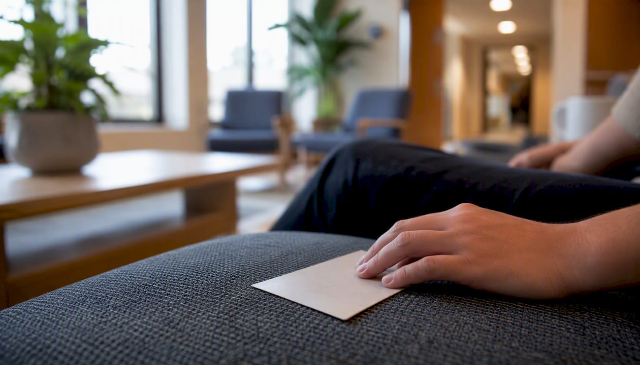 NHS physiotherapy waiting area with appointment card