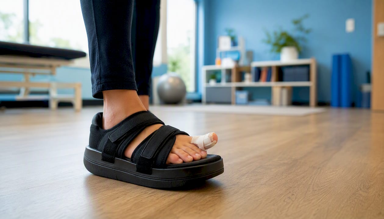 Foot with taped second toe in stiff-soled shoe