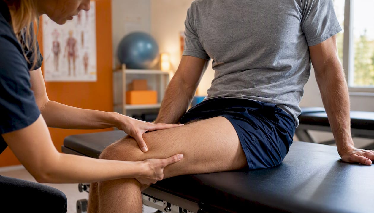 Physiotherapist taping IT band on adult thigh