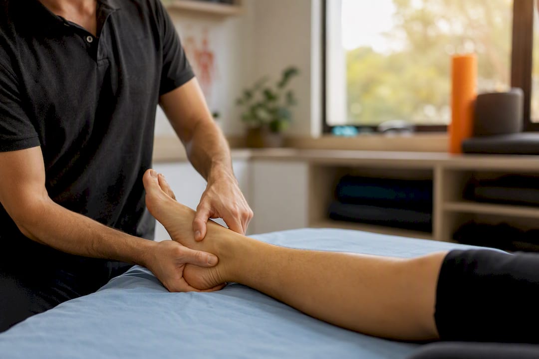 Physiotherapist performing manual leg therapy