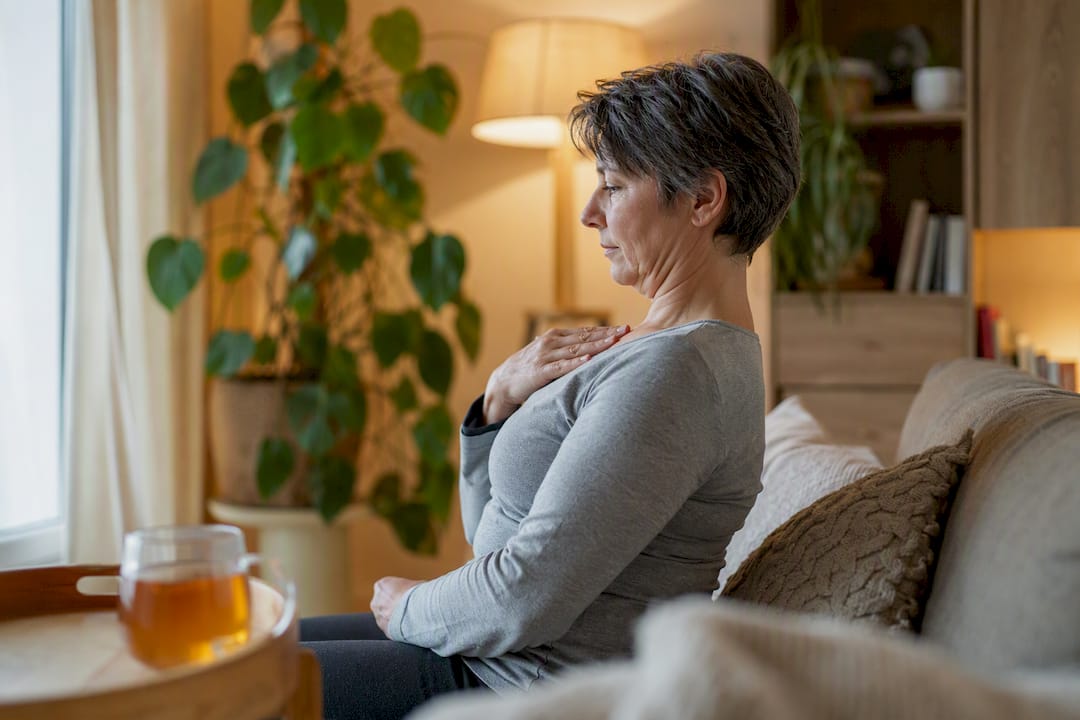 Person doing chin tuck neck exercise at home