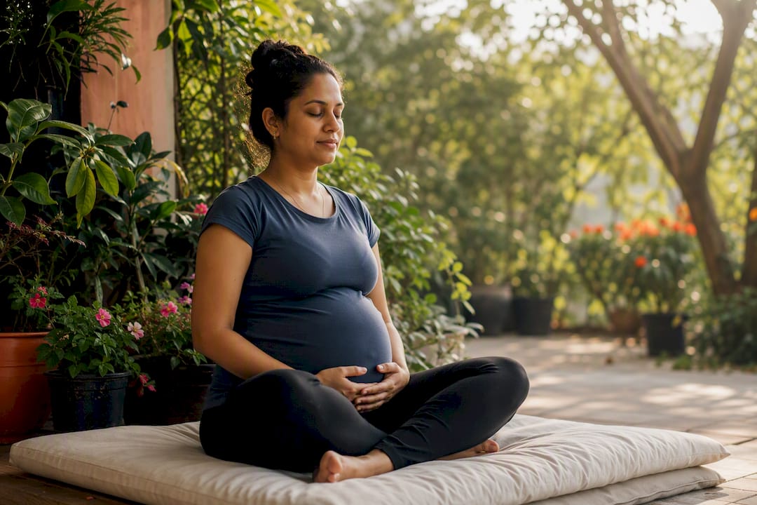 Pregnant person practicing breathing in antenatal class