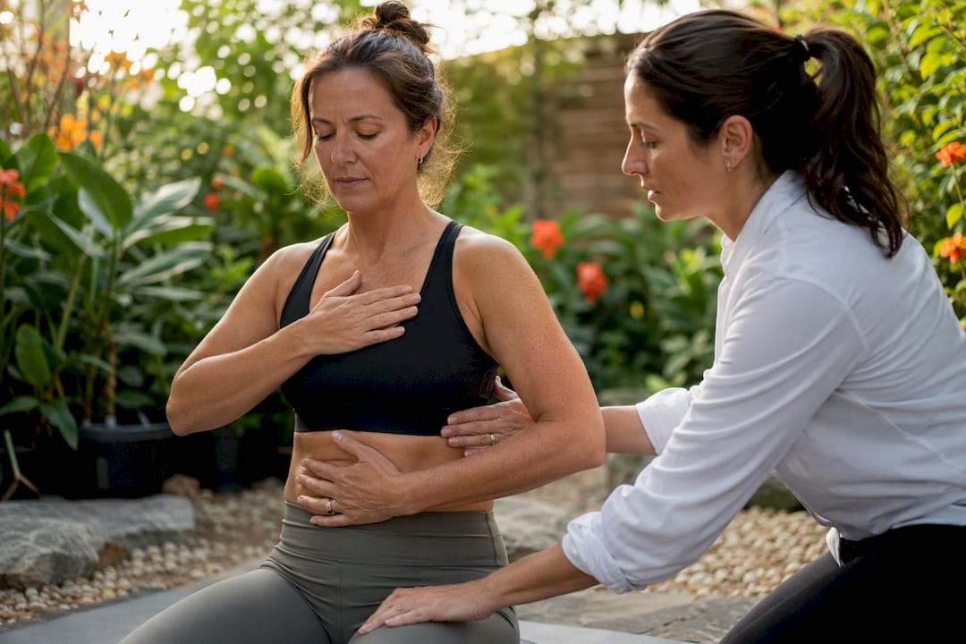 Physiotherapist assisting core breath exercise