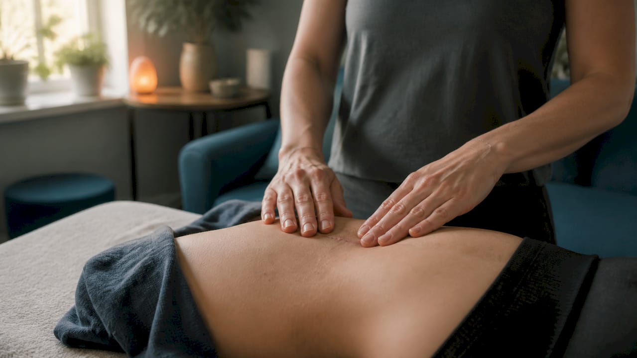 Hands performing stage scar massage on abdomen