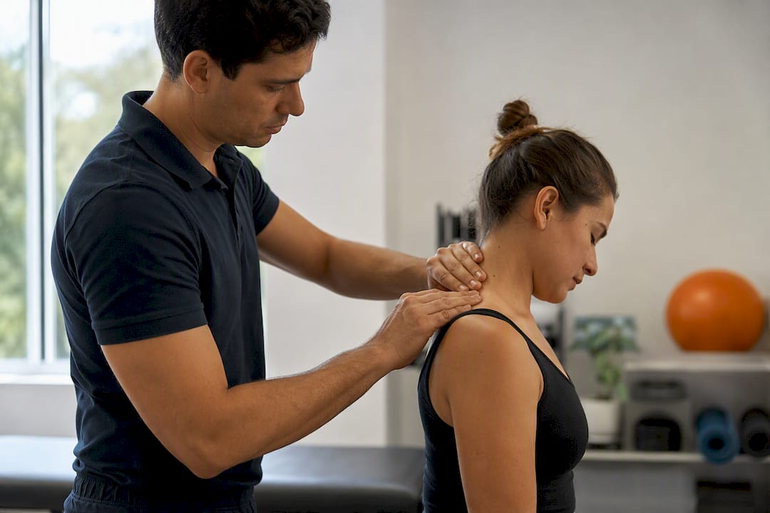Therapist massaging neck muscles in clinic