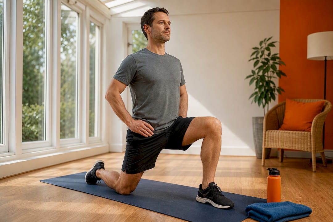 Adult performing half-kneeling hip flexor stretch