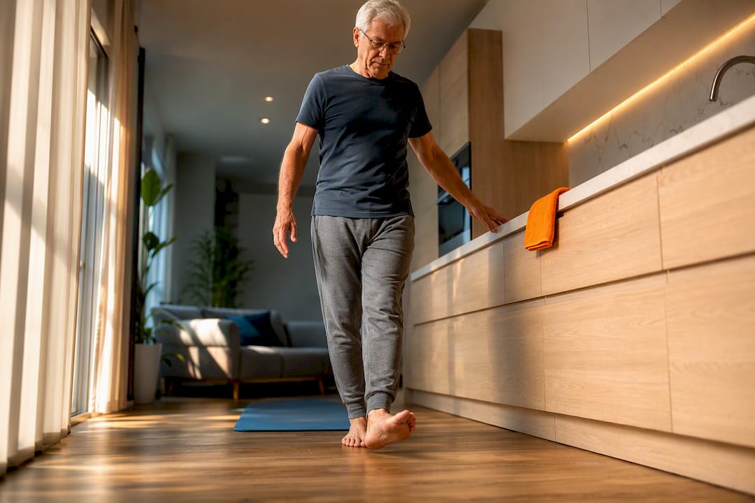 Older adult practising heel-to-toe walking