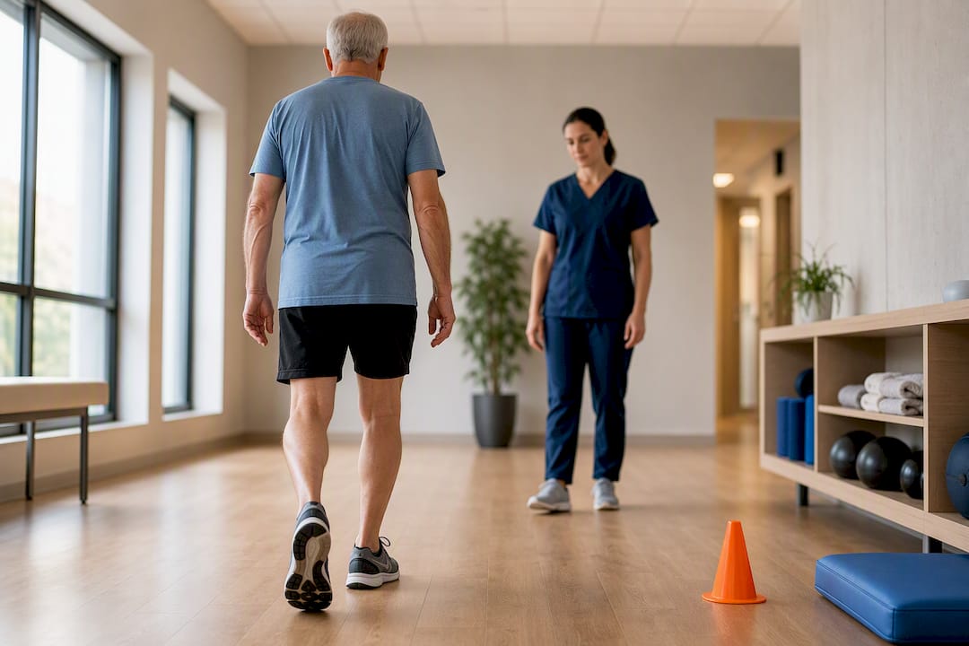 Physiotherapist observing an older adult walking