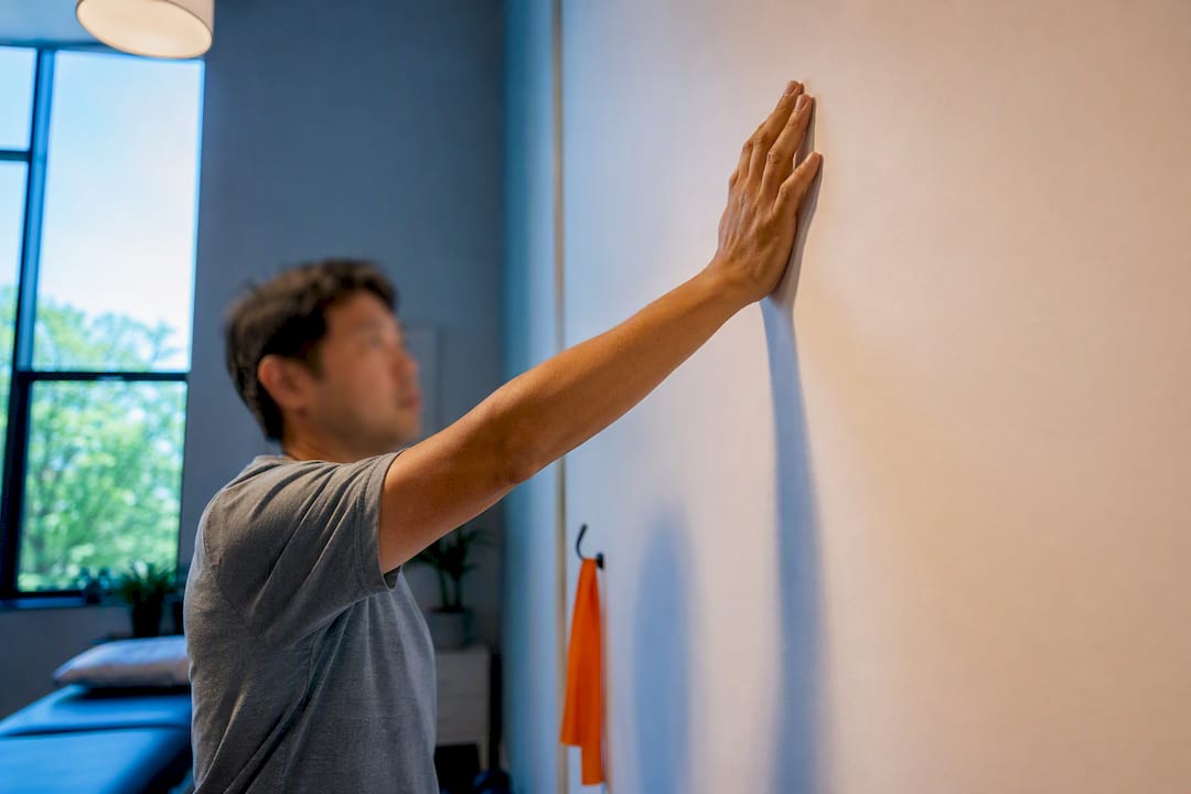 Adult gently moving stiff shoulder upward