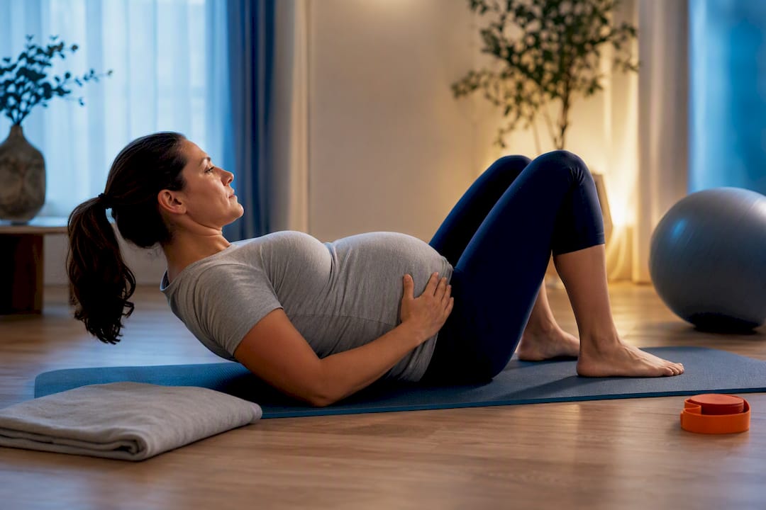 Pregnant woman performing gentle pelvic tilts
