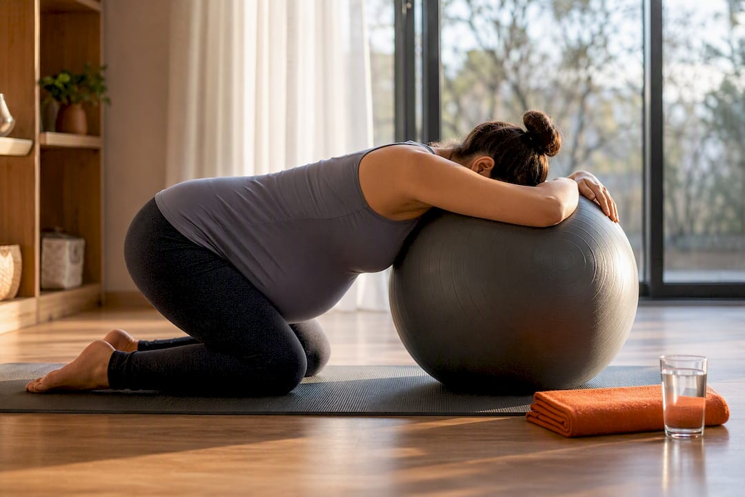 Pregnant woman using birth ball support