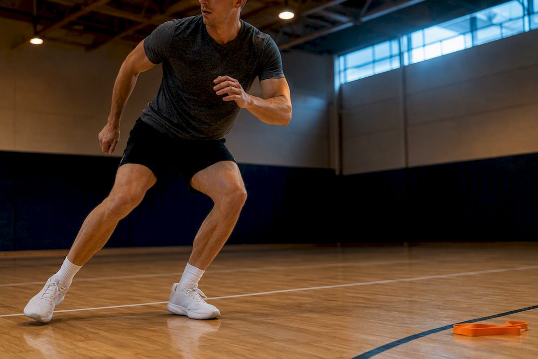 Adult performing ankle rehabilitation lateral shuffle