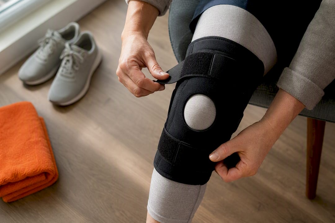 Hands adjusting an anonymous knee brace