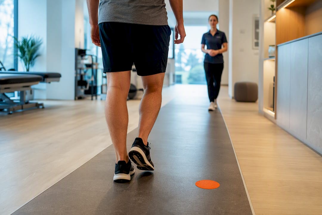 Adult practising heel-to-toe walking in clinic
