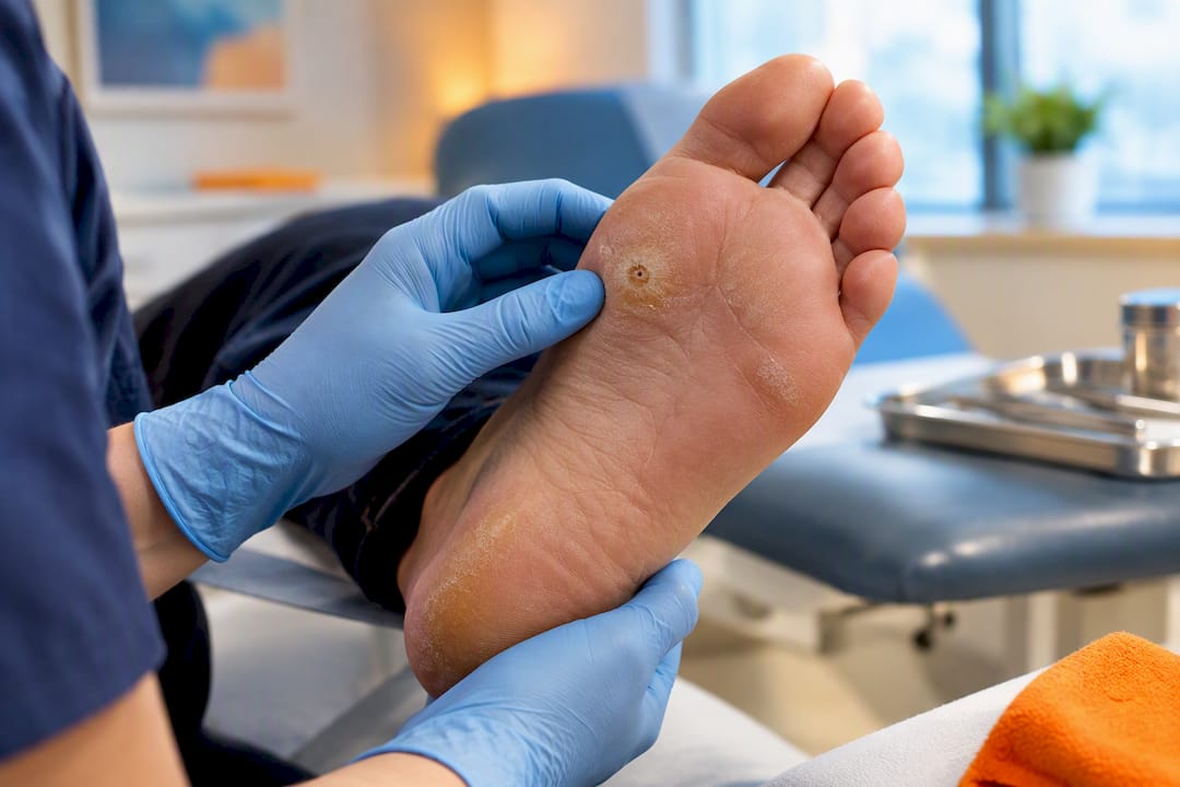 Clinician examining a plantar verruca