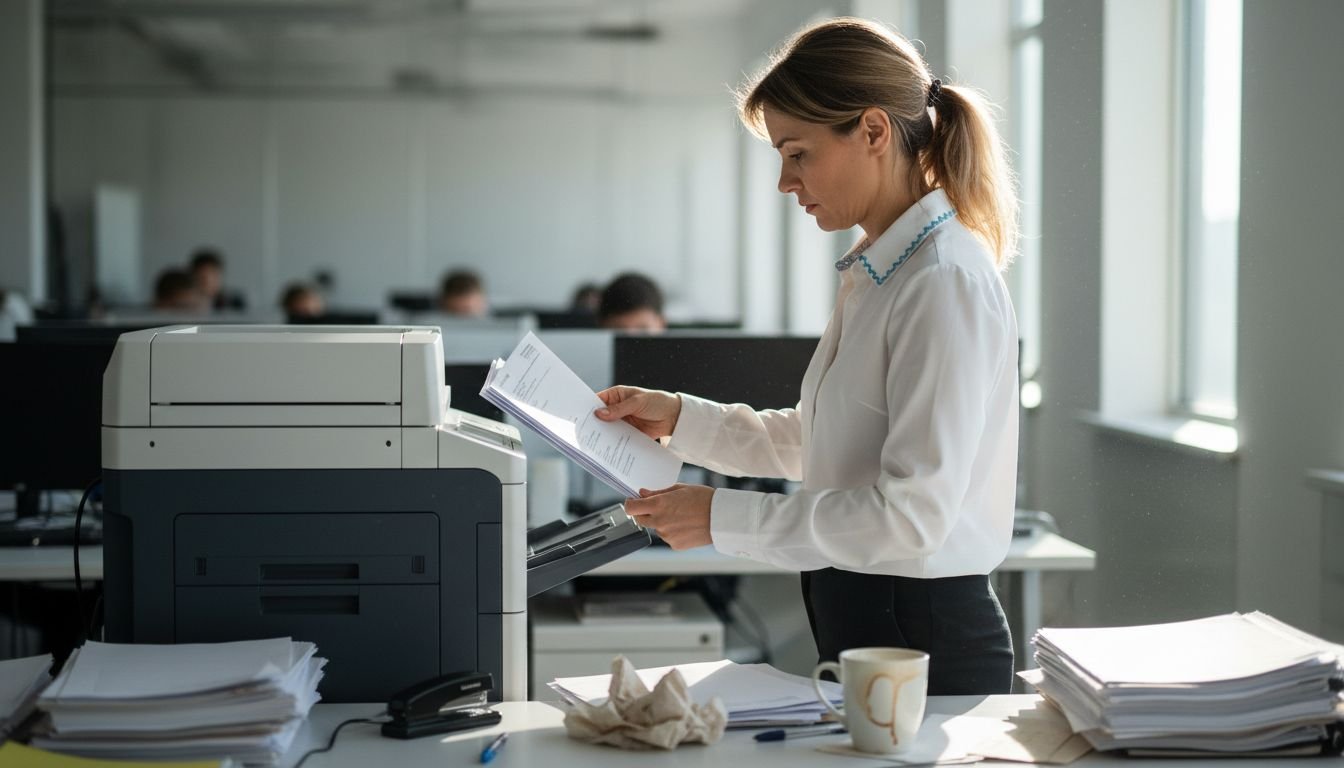 Woman feeds invoices into office scanner